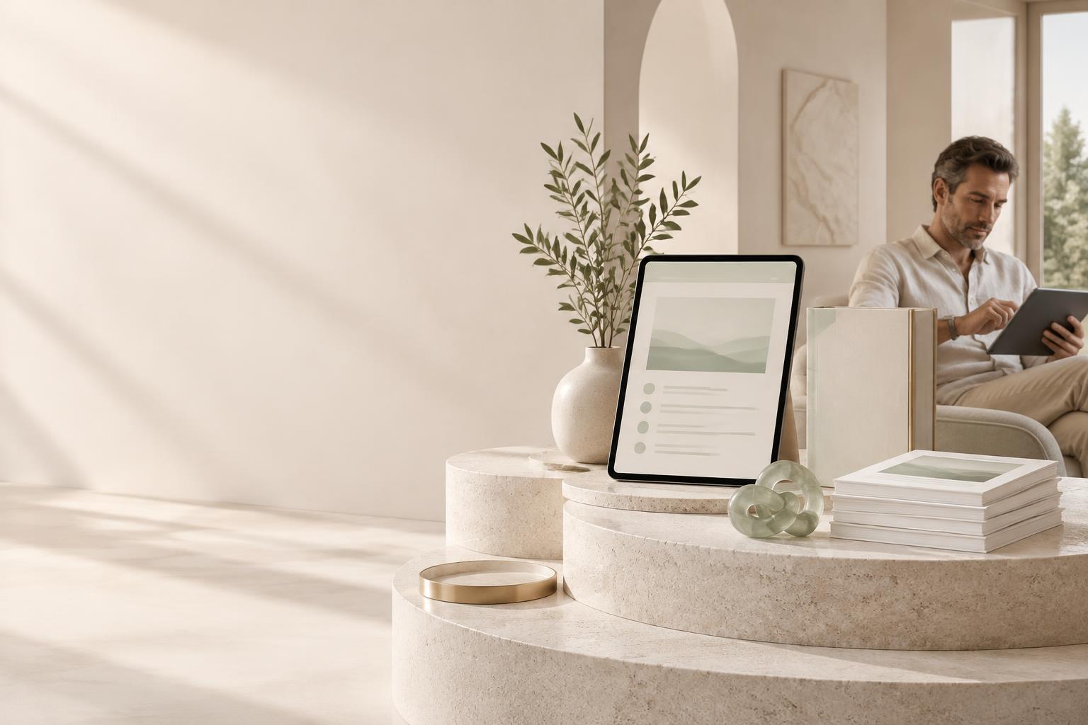 Premium digital guides, worksheets and a tablet arranged on a sculptural platform, with an adult reading behind them